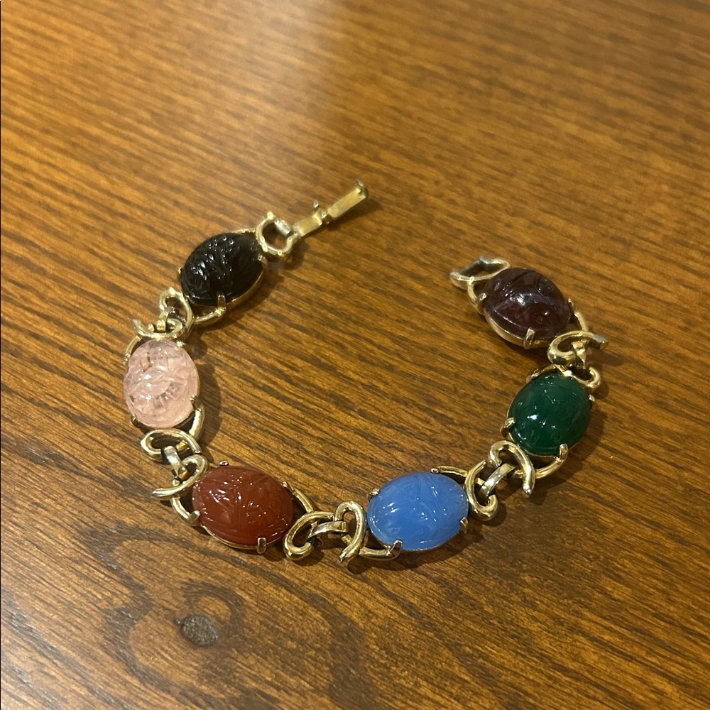 Vintage Scarab Multi-stone Gold Bracelet